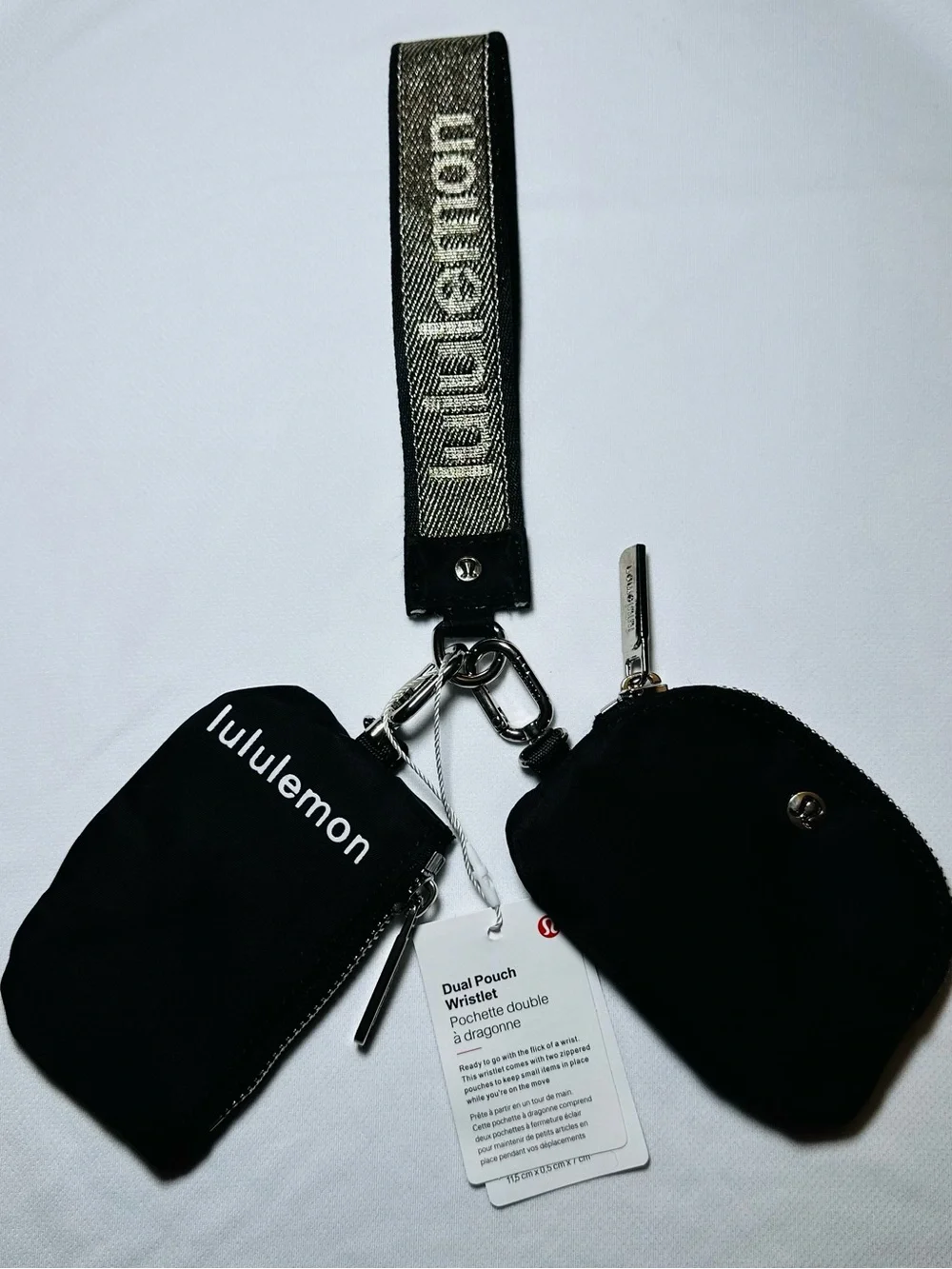 lululemon Black & Gold Dual Pouch Wristlet with keychain Strap